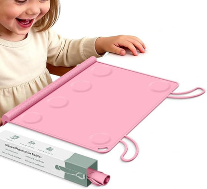 Silicone Placemat for Babygirls Eating-Out: Wipe Clean & Roll up for Outdoor - Pink Table Mat for Restaurant/Travel/On-The-Go