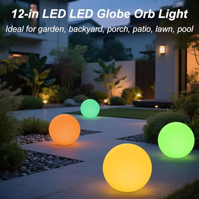 12-inch LED Glowing Ball Light w/Remote, LED Globe Orb Night Light Mood Lamp for Kid Adult, Rechargeable Dimmable RGB Color Changing Glowing Orb, Waterproof Light Up Ball for Garden Patio Party Decor