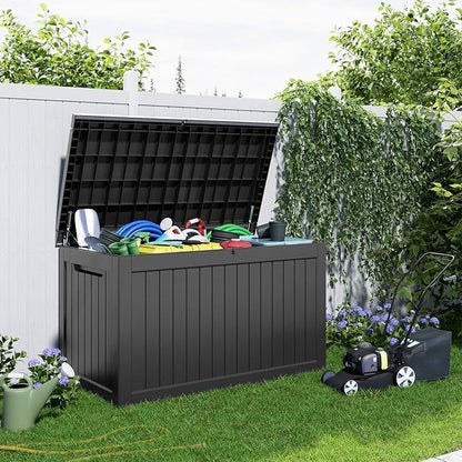 ROJIK Outdoor Storage Housing Deck Box - Waterproof Patio Furniture, Garden Tools, Cushions, Pool Accessories Storage Bench with Lockable Lid and Side Handles (Black 238 Gal)