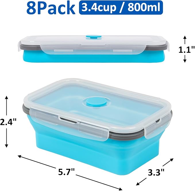 Collapsible Silicone Food Storage Containers Set with Lid & Air Vent,Foldable Lunch Containers (8PCS,Blue,27oz)