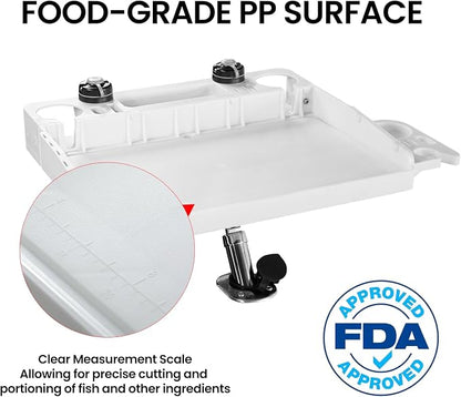 Boat Cutting Board Bait Table with Stainless Steel Arm, Single Rod Holder, 360° Rotating Surface, Knife & Plier Slots, Drain Channel – Fish Cleaning & Fillet Station for Boats & Grills