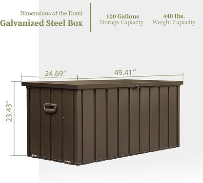 LANTRO JS 100 Gallon Metal Deck Box, Outdoor Storage Box Waterproof with Wheels, Lockable Storage Container for Patio Furniture Cushions Garden Tools, Dark Brown