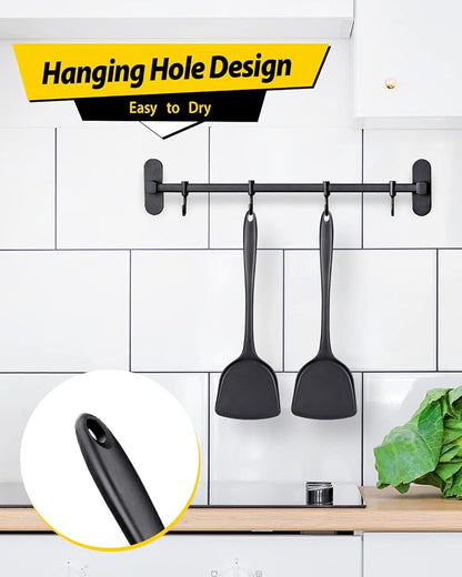 BUNDLEPRO Silicone Seamless Wok Spatula, 2 Pack, Black | Non-Stick, Heat Resistant, Easy to Clean, Dishwasher Safe, Kitchen Utensils for Cooking, Baking, Stir-Fry