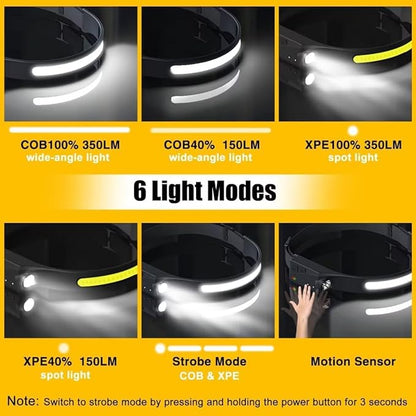 Headlamp Rechargeable 2PCS, 230° Wide Beam Head Lamp LED with Motion Sensor for Adults - Camping Accessories Gear, Waterproof Head Light Flashlight for Hiking, Running, Repairing, Fishing, Cycling