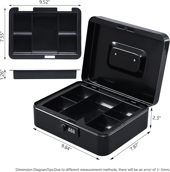 KYODOLED Large Cash Box with Combination Lock Safe Metal Money Box with Money Tray for Security Lock Box 9.84"x 7.87"x 3.54" Black