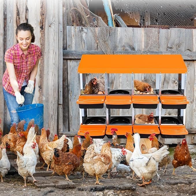 [8-Pack] Chicken Nesting Boxes for Hens - Galvanized Steel Wall Mount or Freestanding Chicken Nest, Removable Plastic Egg Tray & Ventilation Holes - Poultry Nesting Boxes for Egg Laying (Orange)
