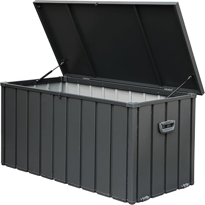 CHUNLY 100 Gallon Metal Waterproof Storage Deck Box with Lockable Lids Indoor Outdoor Storage Bench Patio Storage Bin for Outside Cushions, Throw Pillows, Garden Tools (Dark Gray)