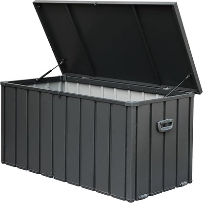 100 Gallon Outdoor Deck Box Lockable Metal Indoor Outdoor Storage Container with Side Handle, Waterproof Storage Box with Rolling Castors for Patio Garden Tools, Pools Equipment, Cushions, Gray