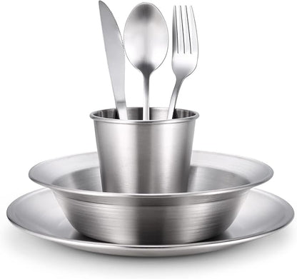 Odoland Stainless Steel Camping Mess Kit for Family & Person | Cooking Tableware Utensils with Plates Bowls Forks Spoons Knives & Savings Bag for Camping, Backpacking, Hiking, Picnic