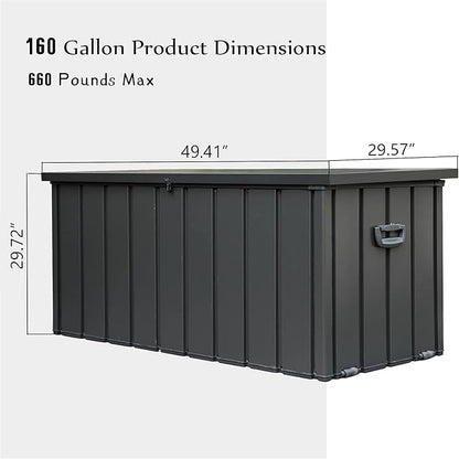 Heavy-Duty Outdoor Metal Storage Box Dark Gray Lockable Water-Resistant Deck Box for Patio Garden Tools Organization Rust-Resistant Outside Storage Box (160 Gallon)
