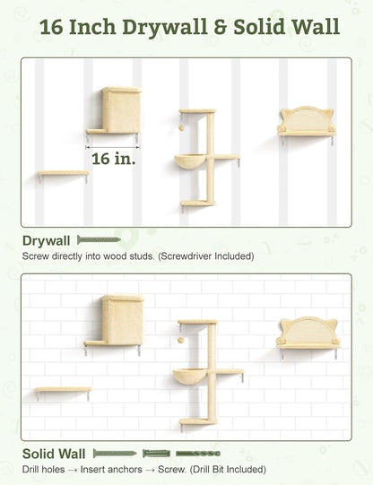 5-in-1 Cat Wall Shelves, Solid Wood Cat Wall Furniture Set for Indoor Cats | 44 lb per Shelf, 72-Hour Load Tested, Pre-Drilled, Fits 16 in. Stud Drywall & Solid Walls, for Small to Medium Cats