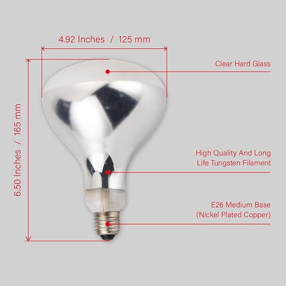 Incandescent R40 Reflector Infrared Lamp, Explosion Proof Clear Glass, with Teflon Coating, E26 Base, Heat Lamp Bulb 375W Special for Food Service Industry, 2 Pack (R40INCT)