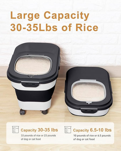 20-30 Lbs Rice Storage Container,Collapsible Food Storage Containers with Rolling Wheel Airtight Locking Lid,Flour Storage Container with Cup and Scoop,Suitable for Food,Rice,Pet Food,Flour