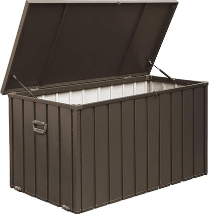 100 Gallon Outdoor Deck Box Lockable Metal Indoor Outdoor Storage Container with Side Handle, Waterproof Storage Box with Rolling Castors for Patio Garden Tools, Pools Equipment, Cushions, Brown