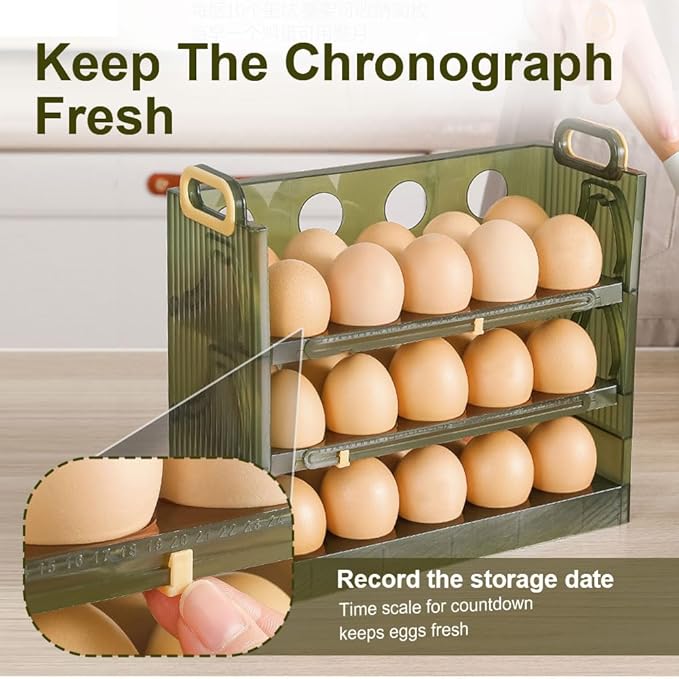 Koja Three-layer Flip-up Egg Storage Container Holder for Refrigerator, Kitchen. 30-Egg Organizer - New Space-Saving, Easy-Access Design, Easy-Clean, Durable, BPA-free. Protects Eggs from Cracking.