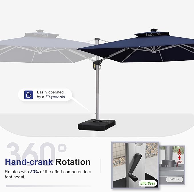 PURPLE LEAF 10 Feet Double Top Deluxe Solar Powered LED Square Patio Umbrella Offset Hanging Umbrella Outdoor Market Umbrella Garden Umbrella, Navy Blue