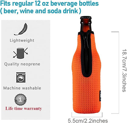 Beer Sleeve Insulators 12oz 330ml Standard Bottle Cooler Covers Zip-up Jacket Holder Non-slip Thick Neoprene Sleeves 4PC Pack (Orange/Green/Black/Light Blue)
