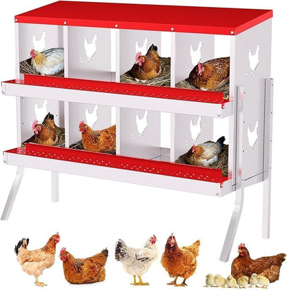 Chicken Nest Box, 8-Compartment Egg-Laying Box, Metal Hen House, Convenient for Collecting Eggs - Ventilated Poultry House Equipment - Suitable for Hens, Ducks Red,with Stand
