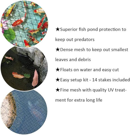28x30ft Pond Netting for Leaves Leaf Net Cover Pond Net with Small Fine Mesh Protecting Koi Fish from Birds Cats Stakes Included