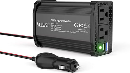 ALLWEI 300W Power Inverter 12V DC to 110V AC Car Plug Adapter Outlet Converter with 65W PD USB-C &18W USB-A Fast Charger, Car Cigarette Lighter Adapter for Laptop Tablets Phones - Portable - Black