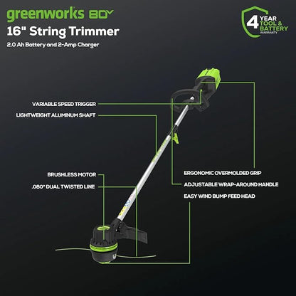 Greenworks 80V 16 inch Brushless String Trimmer, 2.0Ah Battery & Rapid Charger Included, ST80L210