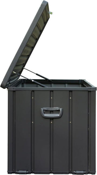 LANTRO JS Pool Storage Box 120 Gallon, Waterproof Deck Box, Resin Lid Metal Patio Storage Bin with Lockable, Dark Gray