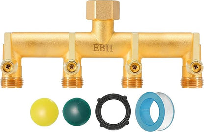 EBH Brass Garden Hose Splitter, 4-Way Heavy Duty Hose Splitter, Outdoor Faucet Manifold, with Extended Metal Handle and Individual On/Off Valve Spout, 3/4” GHT Threads