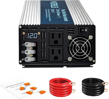 WZRELB 2500W Pure Sine Wave Inverter 12V DC to 110V 120V AC Power Converter with LED Display, Hardwire Terminal,Off-Grid Portable Power Inverter with Dual AC Outlets for Home, RV, Truck, Camping