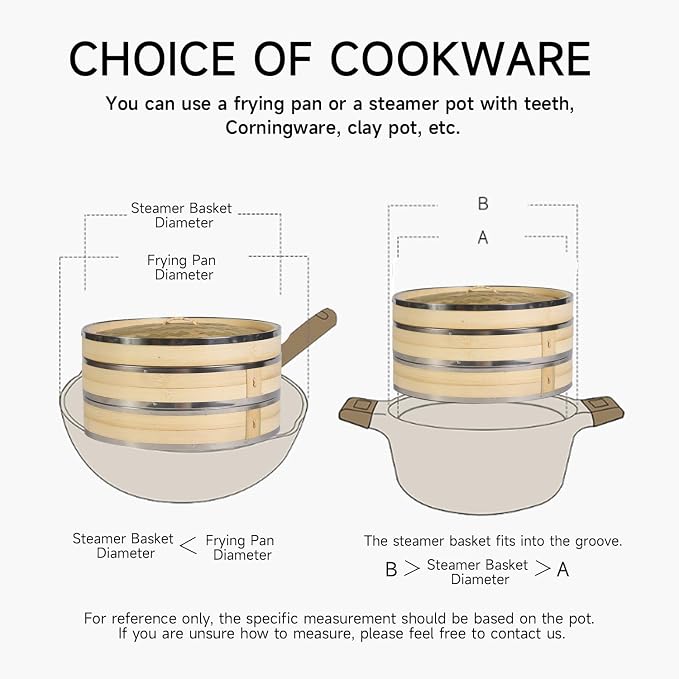 Hcooker. Bamboo Steamer Basket 9.4-Inch 3-Tier Dumpling Steamer for Cooking | Stainless Steel Reinforced Rim | Sauce Dish, 2 Chopsticks, 3 Cotton Liners | Steam for Asian Food Dim Sum Bun Rice Vegetables