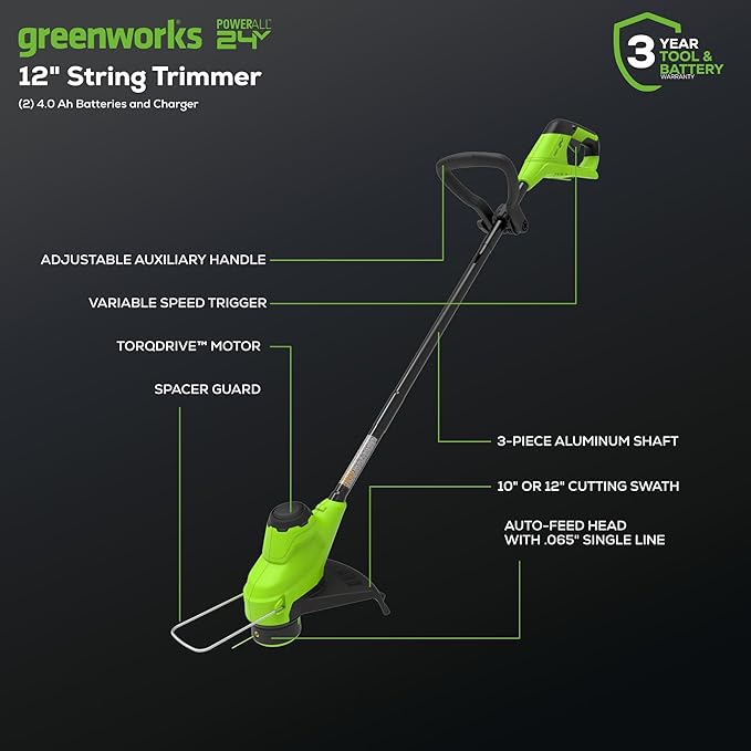 Greenworks 48V (24V x 2) 17" Brushless Mower+12" String Trimmer +320CFM Blower,(2) 4.0Ah Batteries and 2A Dual Port Charger