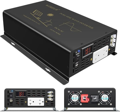 WZRELB 2500W Pure Sine Wave Power Inverter 12VDC to 120VAC 60HZ Dual AC Outlets 2× 2.4A USB Port&Hardwire Terminal Off-Grid Solar Converter RV Trucks Home
