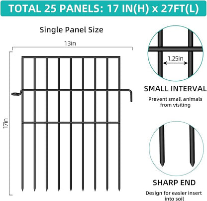 Animal Barrier Fence, 25 Panels No Dig Fences, 17in(H) X 27ft(L) Garden Fence Animal Barrier for Rabbits and Dog Under Fence Barrier, Rustproof Metal Fences Border for Outdoor, Yard, Patio