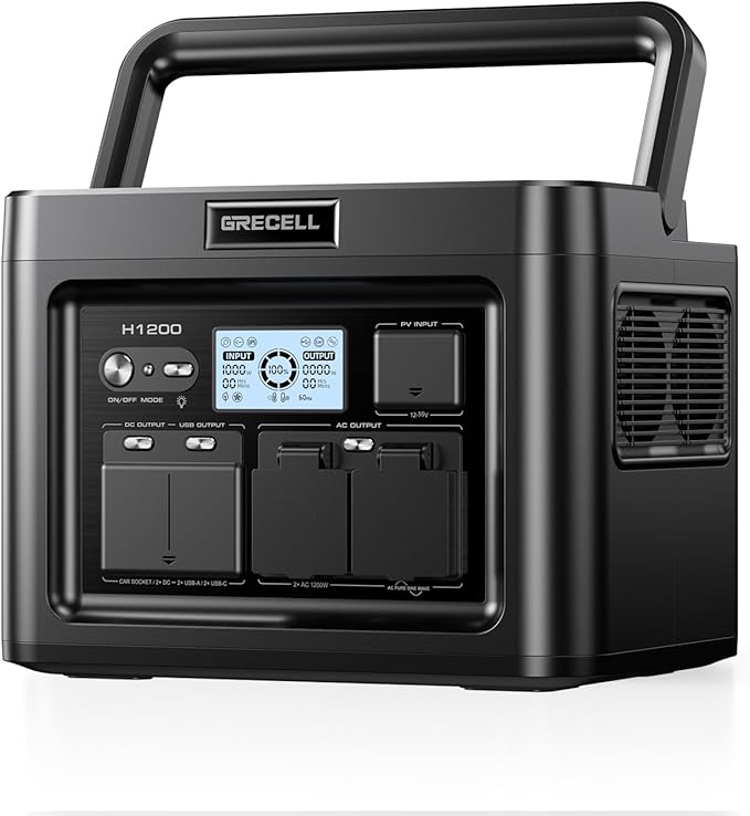 GRECELL Portable Power Station 1200W 672Wh H1200 LiFePO4 Battery Solar Generator with 10ms UPS, 1200W Solar Power Station, 9 Output Ports for Home Emergency, Outdoor Camping, RV Travel, Laptop TV