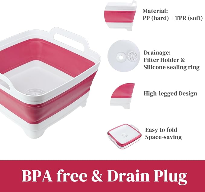 Collapsible Wash Basin for Baby Bottles - 2.4 Gallons Portable Dish Basin for RV Camping Sink, Space-Saving Dish Tub For Bottle Washing (Viva Magenta)
