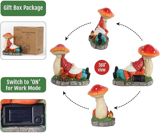 Solar Garden Gnomes Statues with Mushroom, Cute Funny Solar Powered Gnome Décor for Outdoor, Yard, or Patio as for Women Mom 8.5 Inch