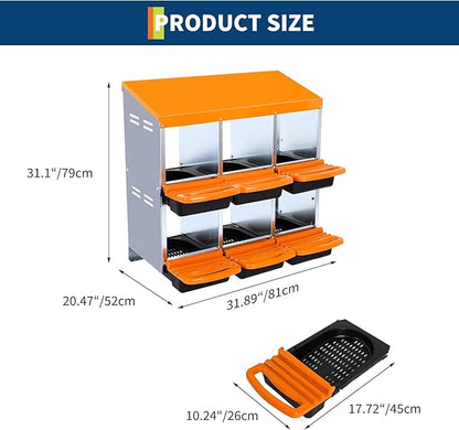 Chicken Nesting Box, 6 Compartment Roll Away Egg Laying Box for Hens, Wall Mounted & Freestanding (2 Modes of Use), Easy Egg Collection, Cleanable Pull Out Nesting Box, Org, NL