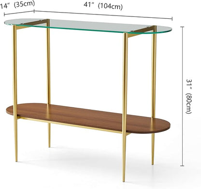 Oval Glass Console Table for Living Room, Foyer & Entrance, 2-Tiers Mid-Century Modern Sofa Table with Clear Glass Top, Walnut Finish Wood Shelf and Gold Finish Frame