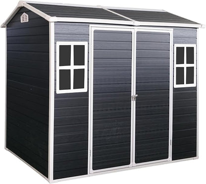 Outdoor Storage Shed with Two-Window and Double-Door, Resin Storage Shed with Lockable Door, Plastic Shed with Floor for Gargen, Patio, Yard, Lawn (Black, 8 x 4 FT)