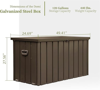120 Gallon Outdoor Deck Box Lockable Metal Indoor Outdoor Storage Container with Side Handle, Waterproof Storage Box with Rolling Castors for Patio Garden Tools, Pools Equipment, Cushions, Brown