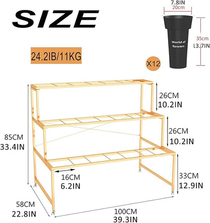 Flower Display Stand With 12PCS Buckets, 3 Layers Metal Plant Stand with Wheels, Heavy Duty Moving Plant Cart Shelf, for Indoor, Outdoor Patio Garden, Living Room, Florist (Black - Round Bucket)