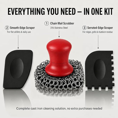 Cast Iron Scrubber and Scraper | 316 Chainmail Scrubber for Cast Iron Pan | Chain Mail Scrubber for Cast Iron Skillet Cleaner | Dishes Pots Wok Griddle Grill | Dish Scouring Pad Dishwasher Safe, Red1
