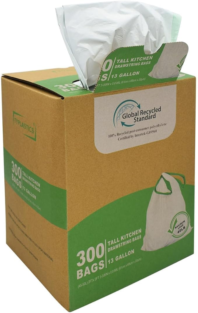 TYPLASTICS 300 Count 13 Gallon Tall Kitchen Drawstring Trash Bags, GRS Compliant, Eco-Friendly Recycled Material