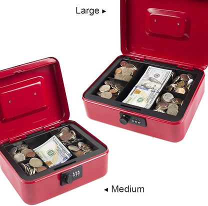 KYODOLED Large Cash Box with Combination Lock Safe Metal Money Box with Money Tray for Security Lock Box 9.84"x 7.87"x 3.54" Red Large