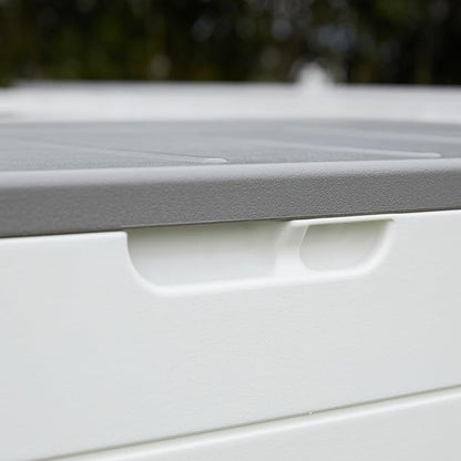 110 Gallon Deck Box Waterproof,Double-Wall Resin Outdoor Storage Boxes, Deck Storage for boat slip storage,Cushions, Pool Float, Garden Tools,Patio Furniture, Lockable (OFF-WHITE)