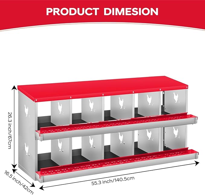 Chicken Nesting Box, 6/8/10 Compartment Metal Nesting Box,Wall Mount Chicken Nesting Boxes for Laying Eggs,Easy Egg Collection,6 Room Nest Boxes for Chickens