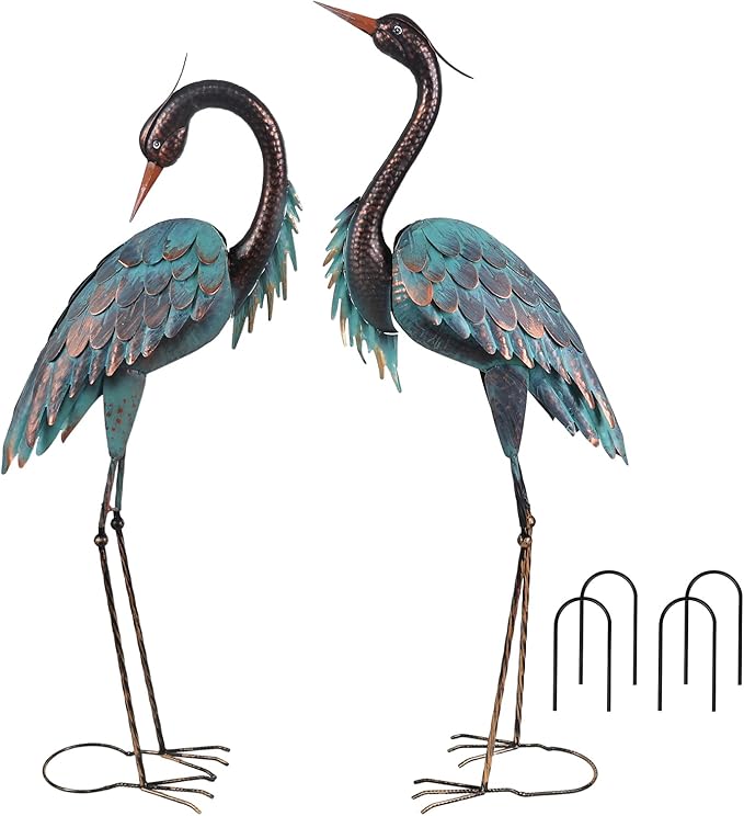 YEAHOME Garden Decor Outdoor Statues, 40"/37" Large Metal Heron Standing Yard Art, Blue Crane Lawn Sculptures Garden Decor for Outside Patio Porch Backyard, Set of 2