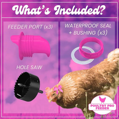 Hot Chicks Only | The Original Pink Poultry Pro Feeder DIY Port PVC Gravity Fed Chicken Feeder 3 Ports and Hole Saw | Rain Proof, Weather Resistant Chicken Feeder (Hot Chick Feeder Kit)