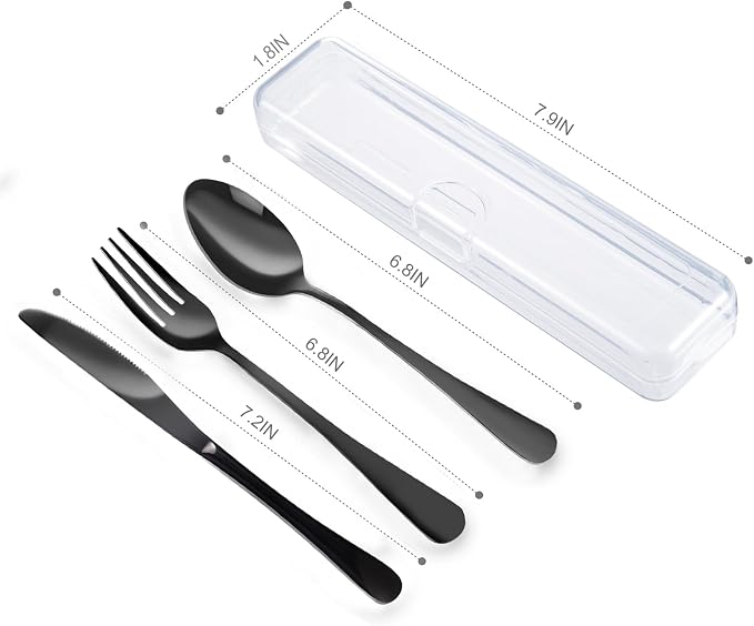 4PCS Premium Travel Utensils With Case, Stainless Steel Reusable Portable Utensils Set With Case, Lengnoyp Travel Silverware Set With Case for Lunch Box Includ Fork Spoon Knife Set, Black