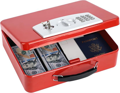 KYODOLED Red Safe Box with Digital Keypad Lock, Lock Box with Code for Personal Items, Metal Security Box for Cash, Passport, Jewelry, Ideal for Home, Office, Garage Sale, 11.8'' x 9.4'' x 3.5''
