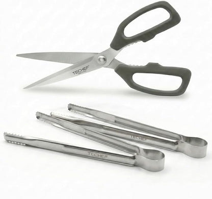 TECHEF Kitchen Shears With 2 Stainless Steel Tongs & Travel Bag, Dishwasher Safe, 4-Piece Complete Set, Made in Korea (Scissors & Tongs Set)
